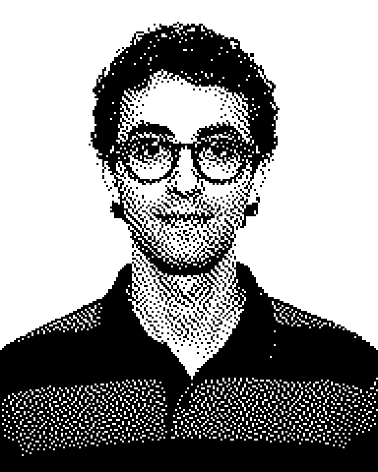 Gabriel, de óculos e camisa listrada, em um retrato feito de pixels.