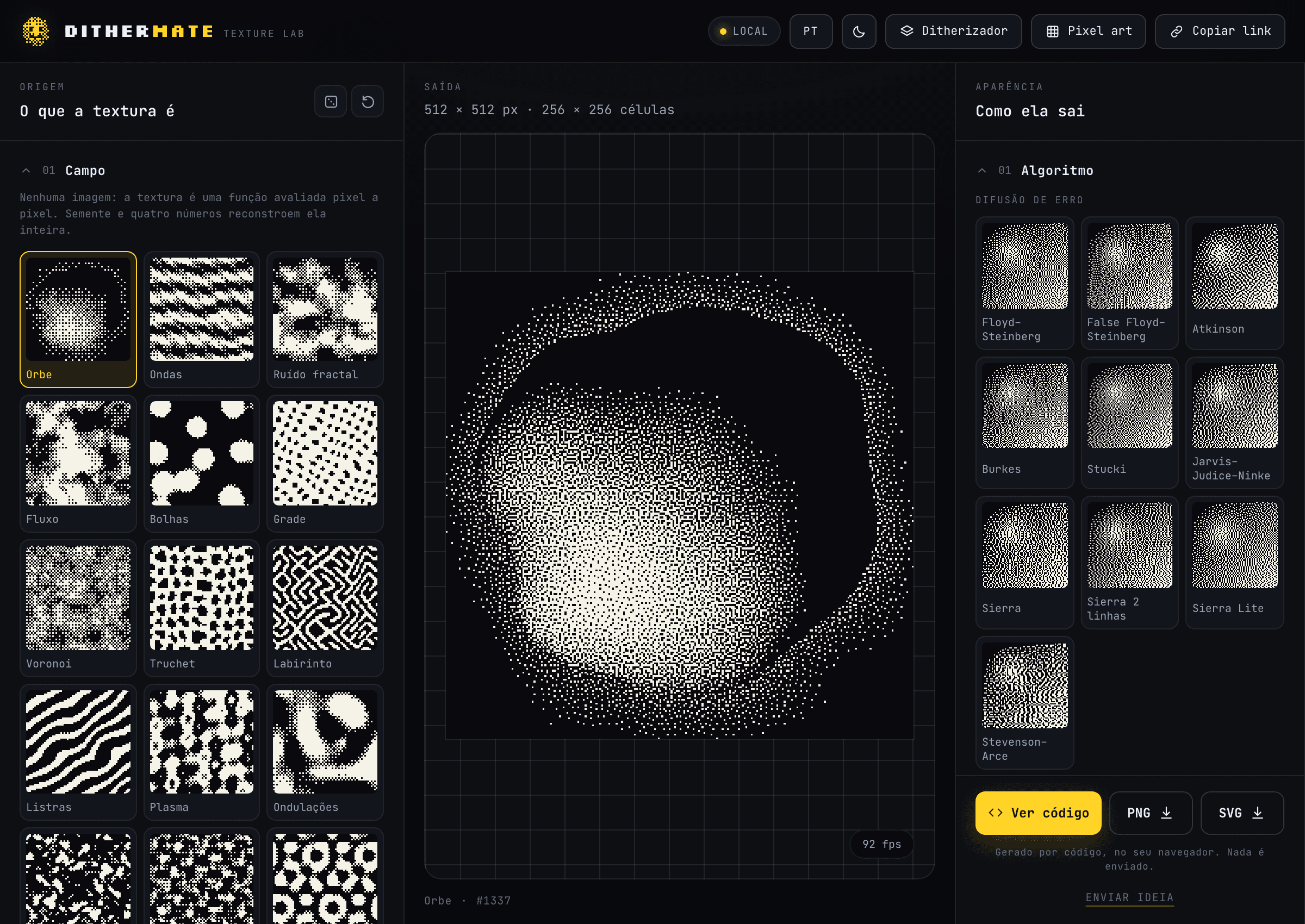 Laboratório de texturas com o campo Orbe e uma esfera em dithering.