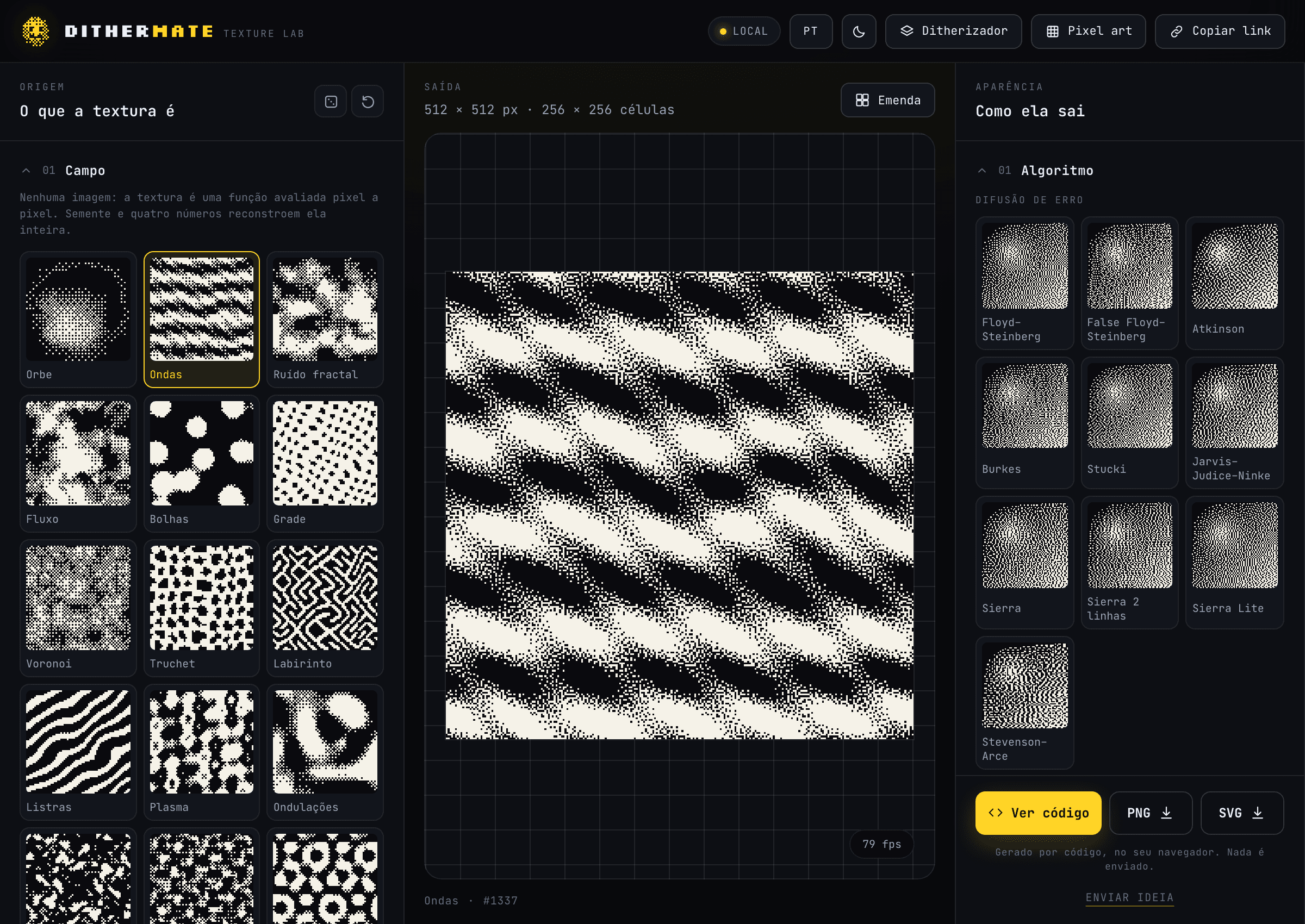 Campo Ondas no laboratório de texturas, com padrões sinuosos em preto e branco.