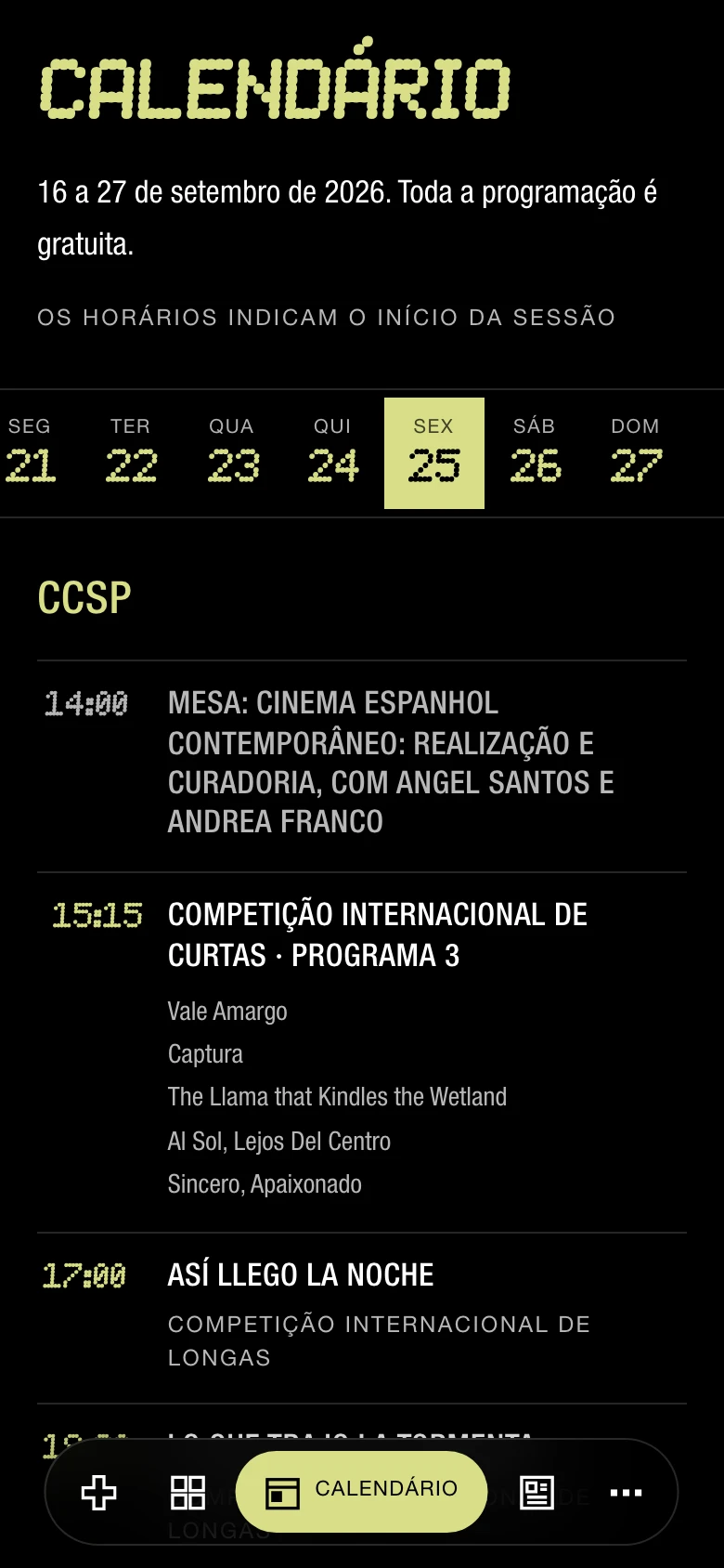 Festival calendar on mobile with days, times and screening venues.