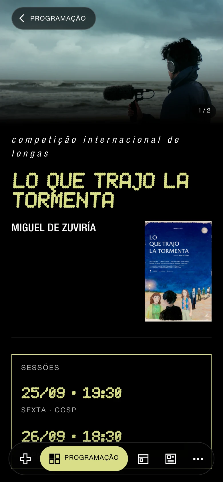 Mobile page for Lo Que Trajo la Tormenta with photography, title and film details.