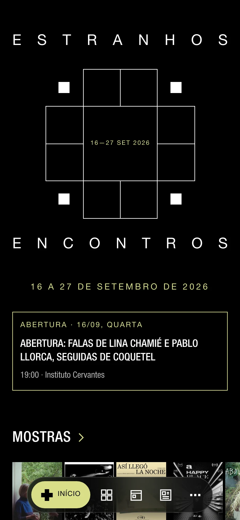 Festival home on mobile, with graphic identity and bottom navigation.