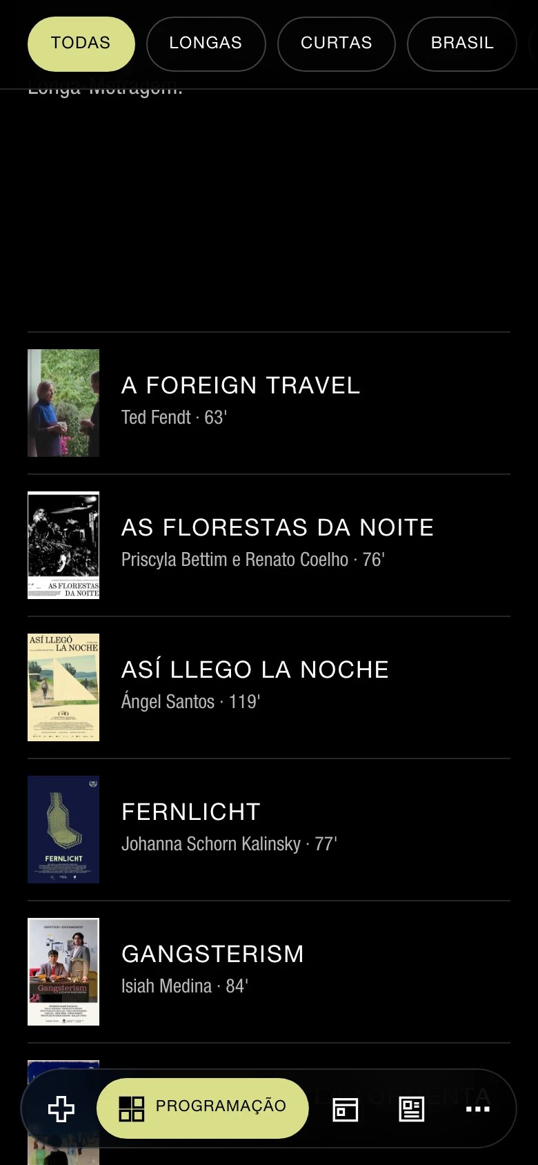 Mobile programme with programme filters and a list of films with posters.