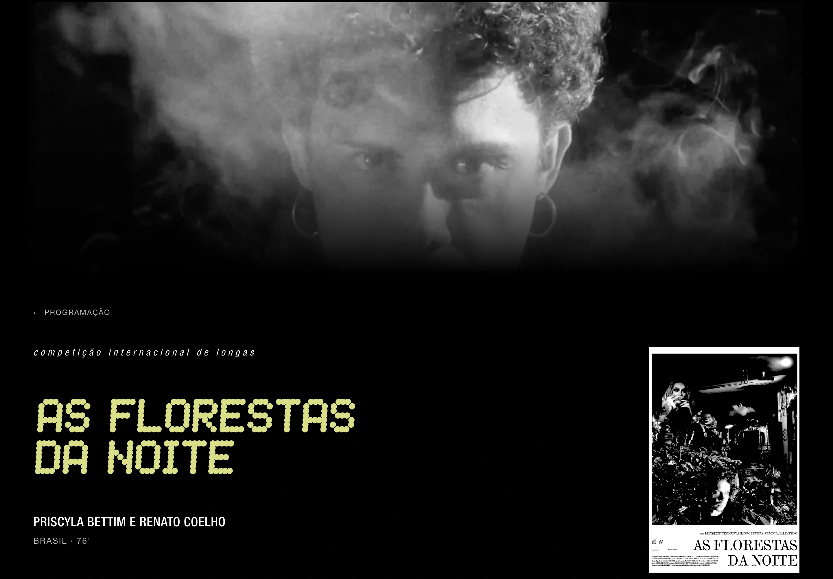 As Florestas da Noite page, with black and white photography, a dotted yellow title and the film's poster.