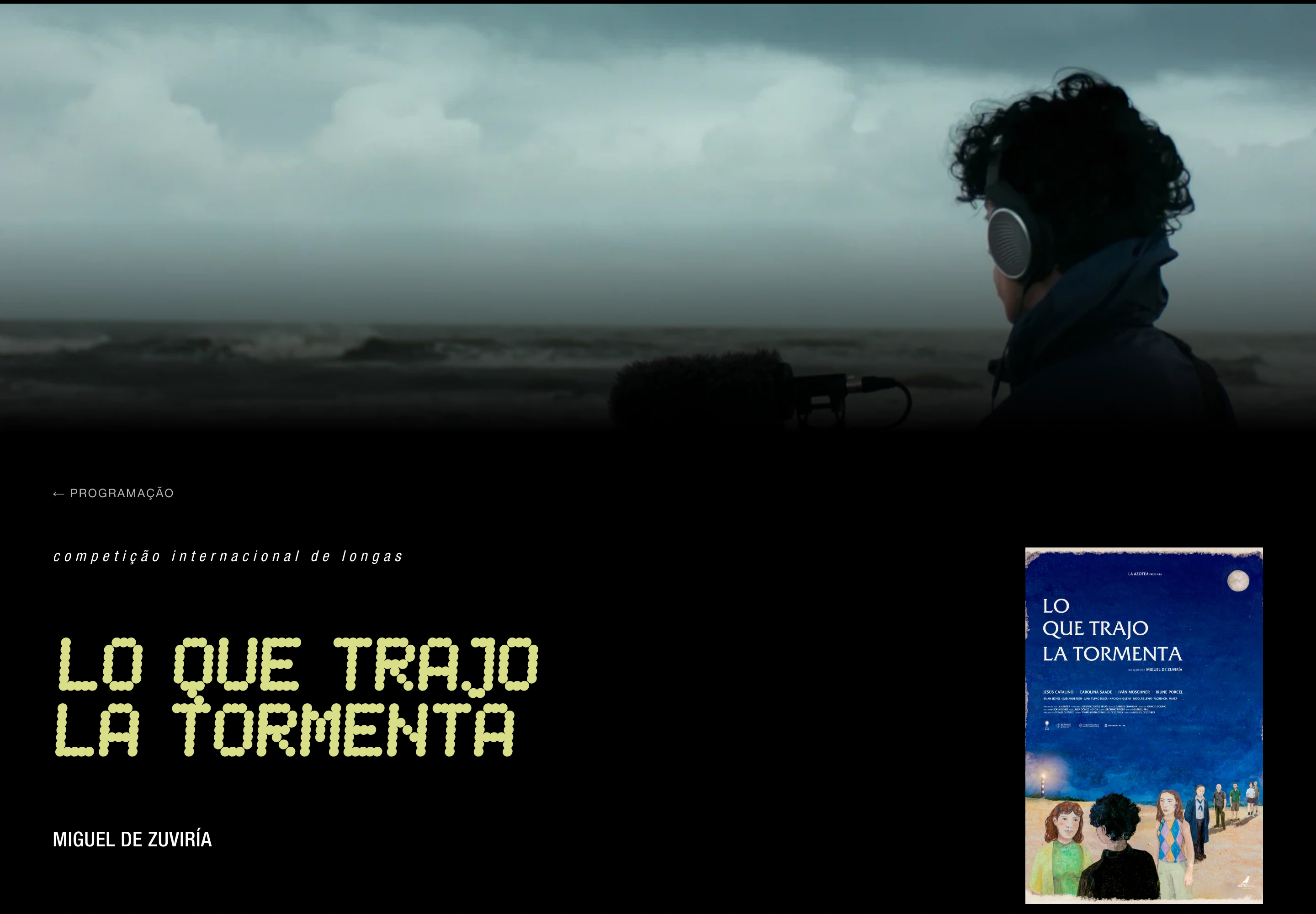 Lo que trajo la tormenta page with a panoramic still, the title in yellow and the film's blue poster.
