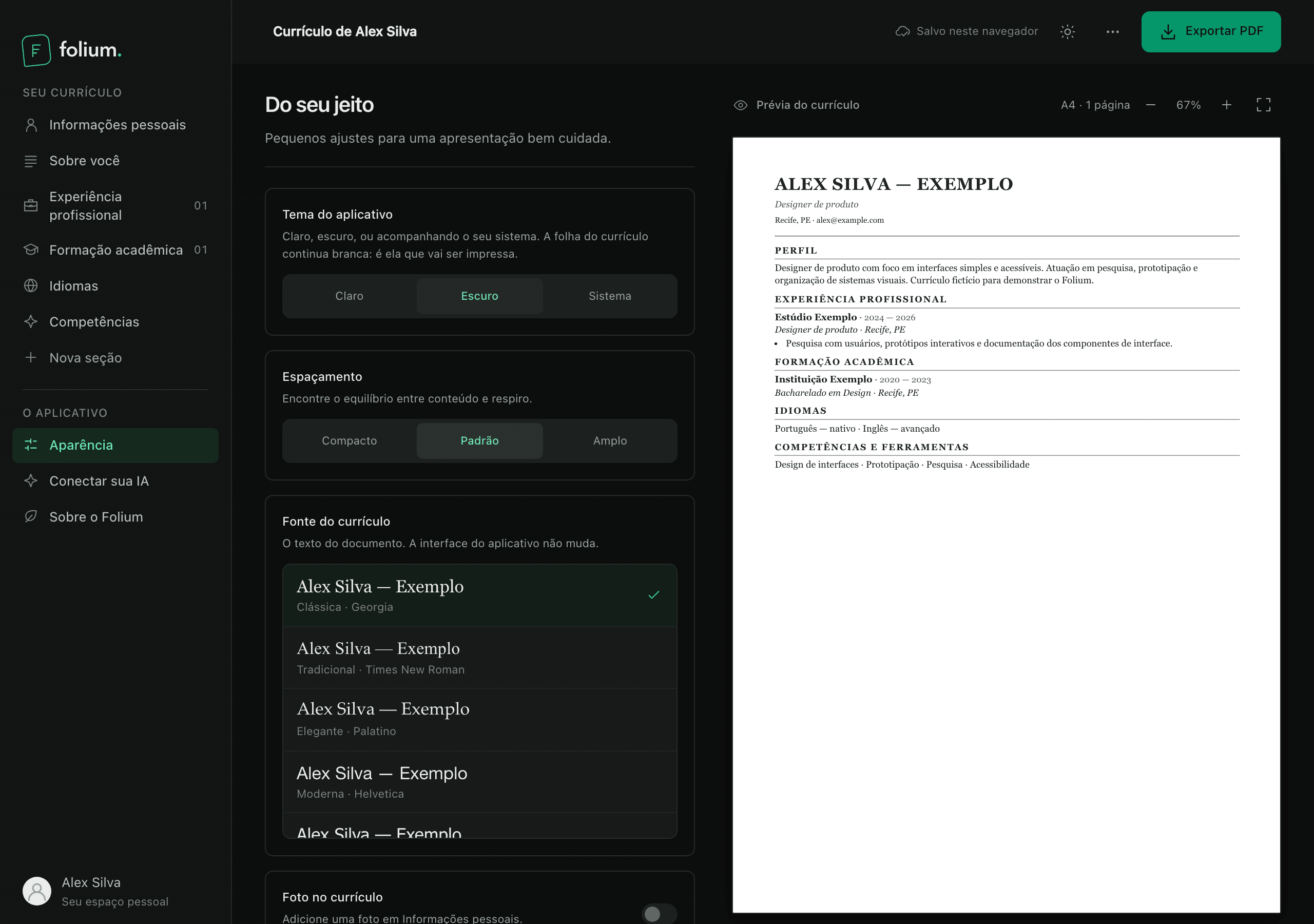 Folium in the dark theme with the résumé page kept white.