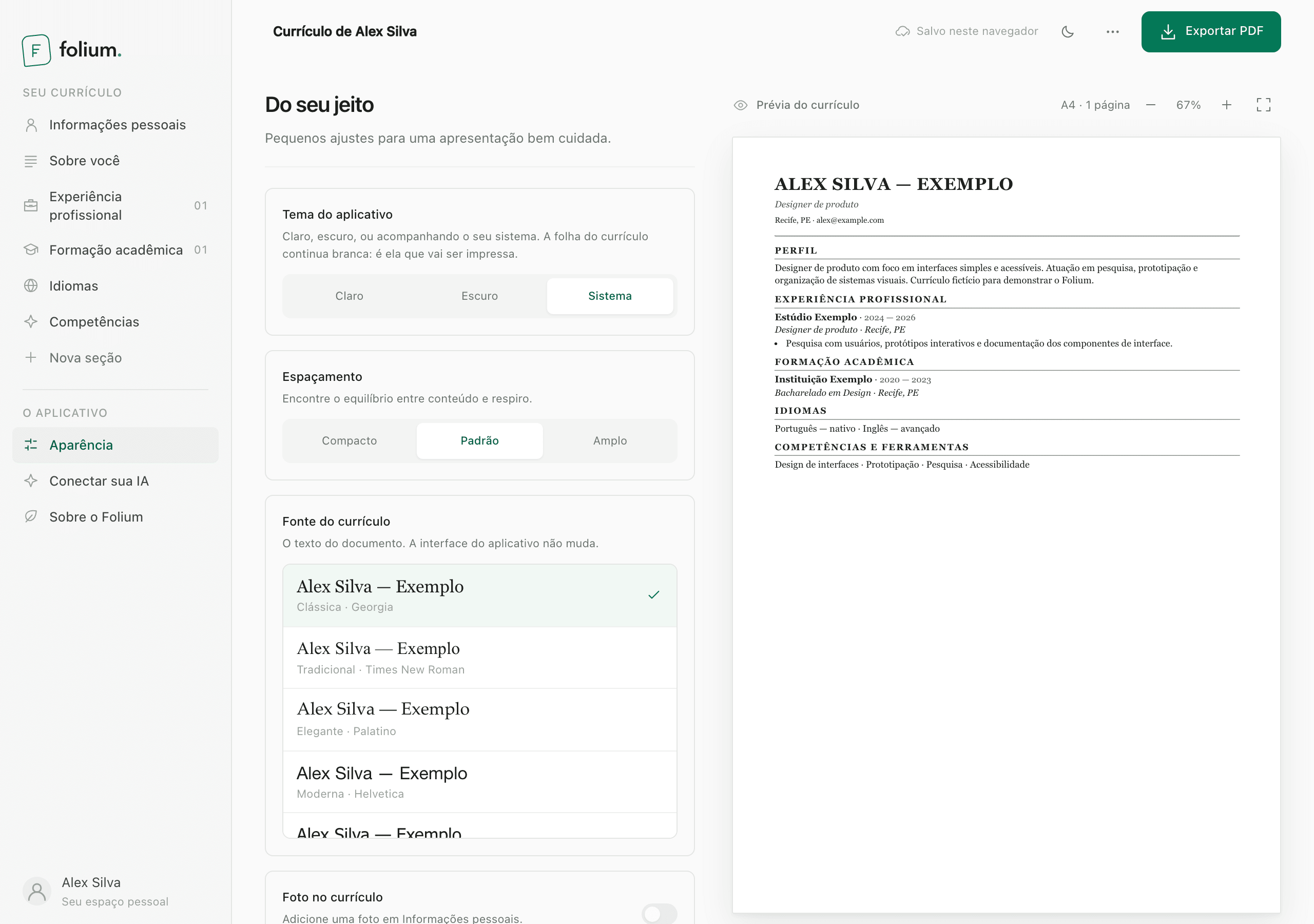 Folium's appearance in the light theme, with spacing and typography options.