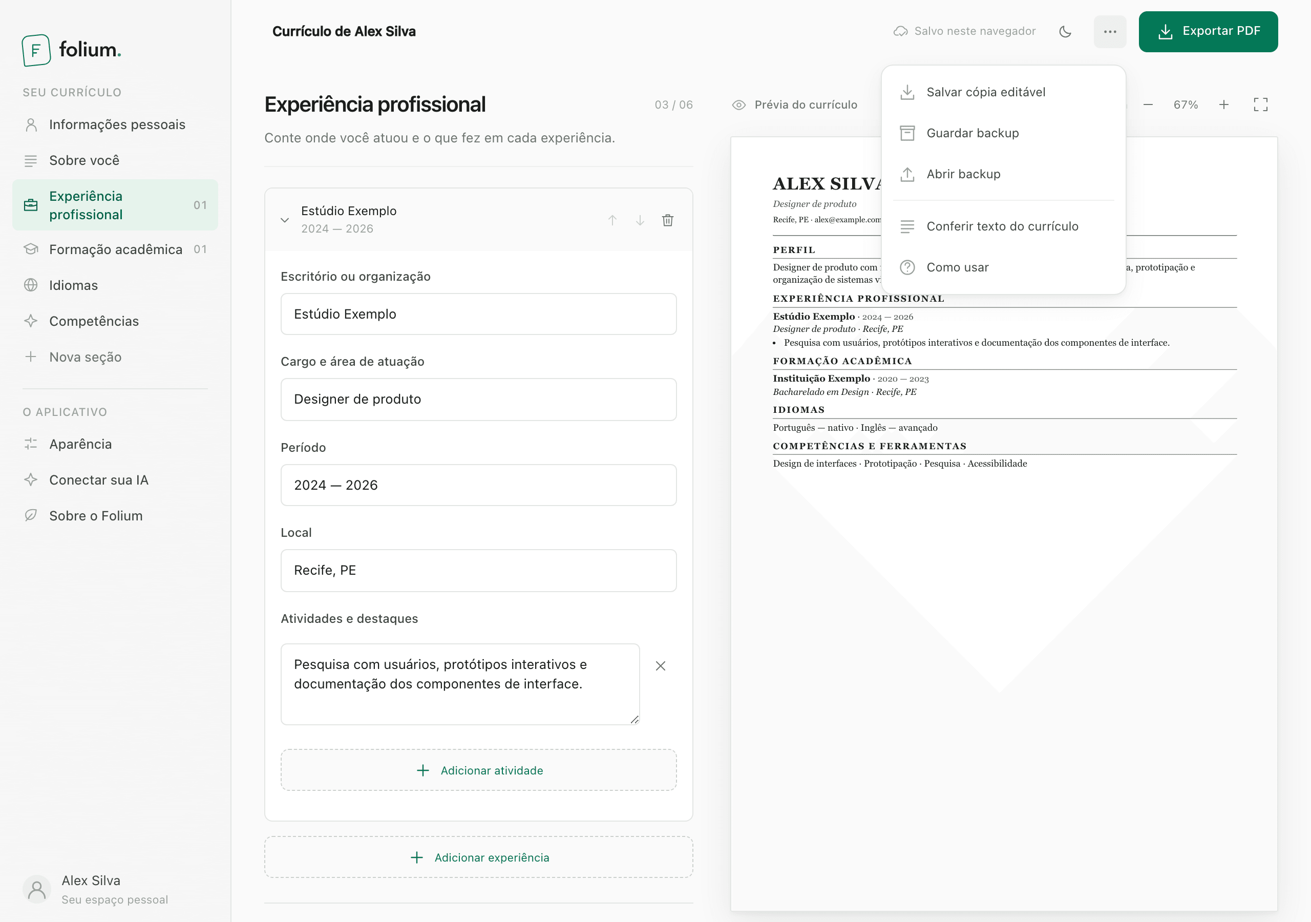 Folium menu with options for an editable copy, backup and text check.