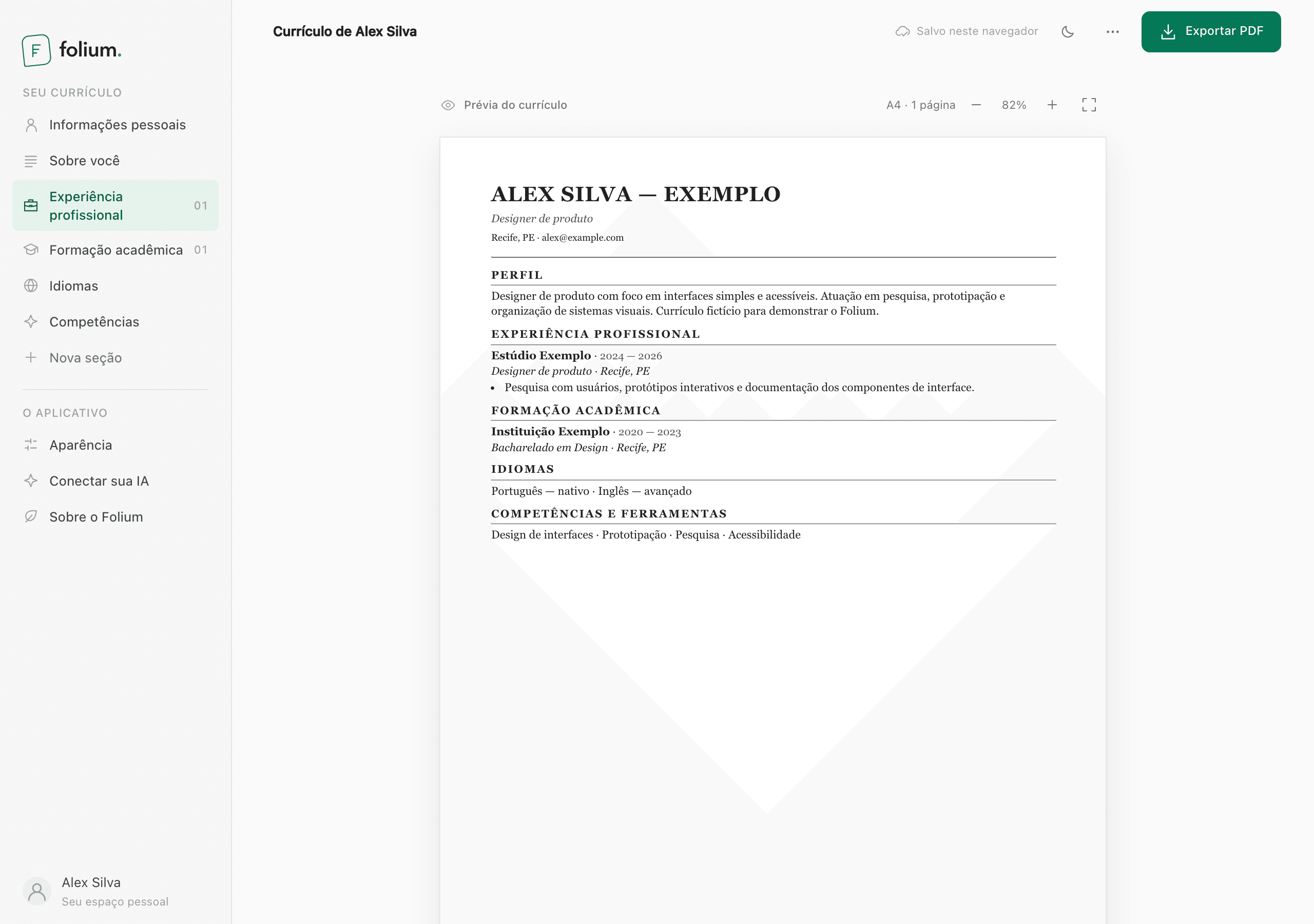 Enlarged page preview in Folium with the résumé sections.