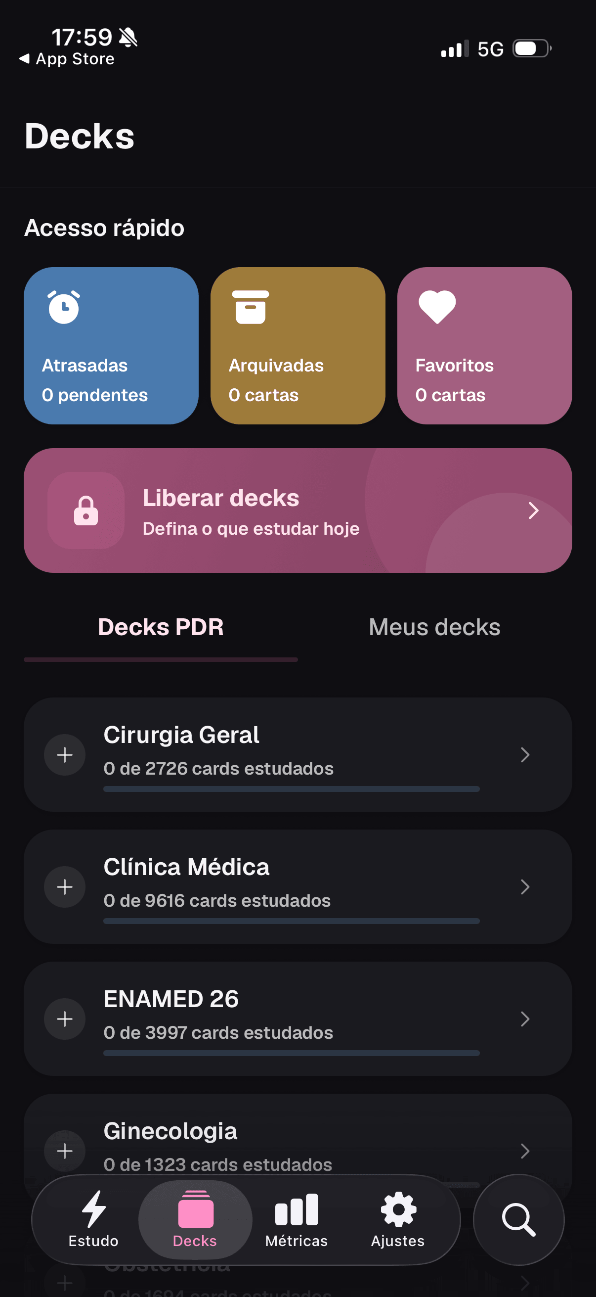 Lista de decks por especialidade, com atalhos para cartas atrasadas, arquivadas e favoritas.
