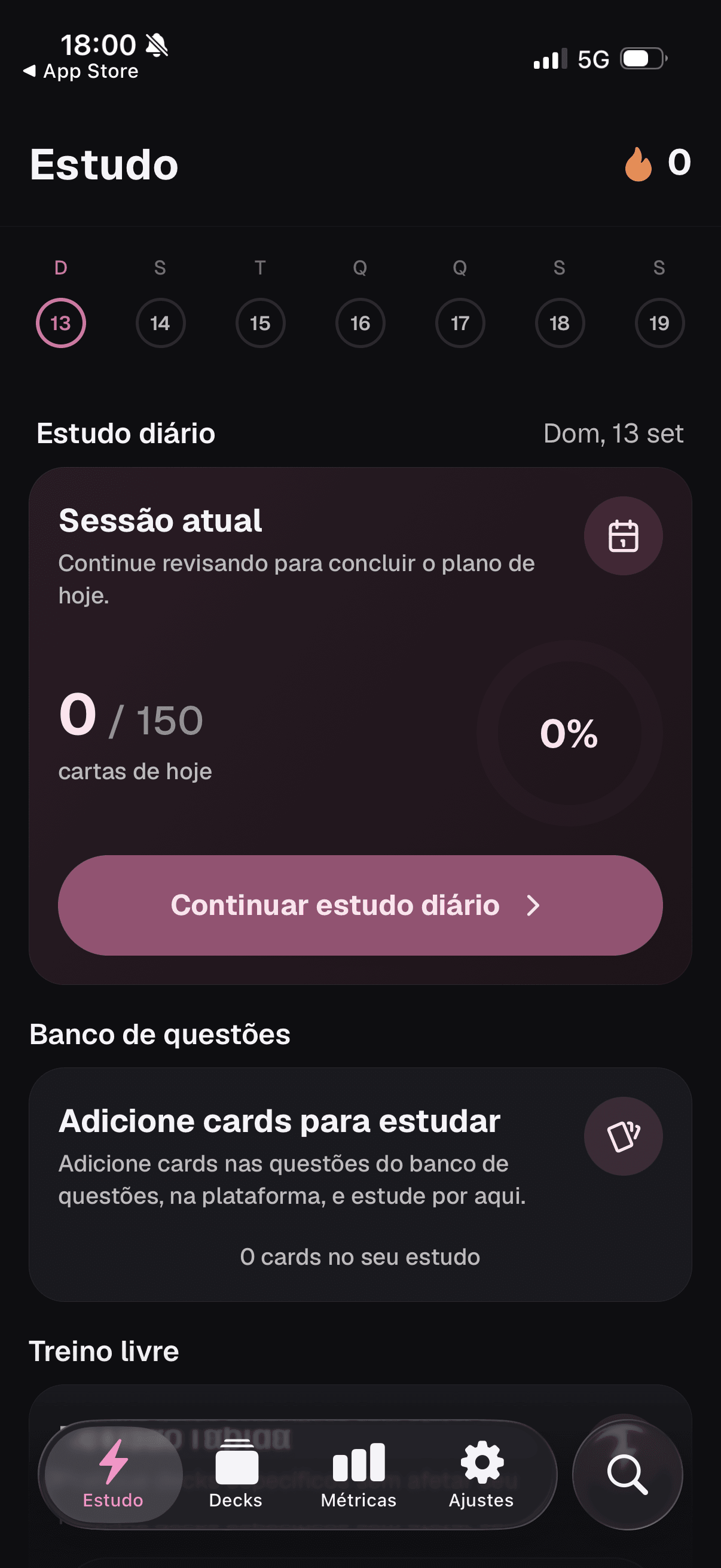 Tela de estudo com a sessão diária, o progresso e o botão para continuar a revisão.
