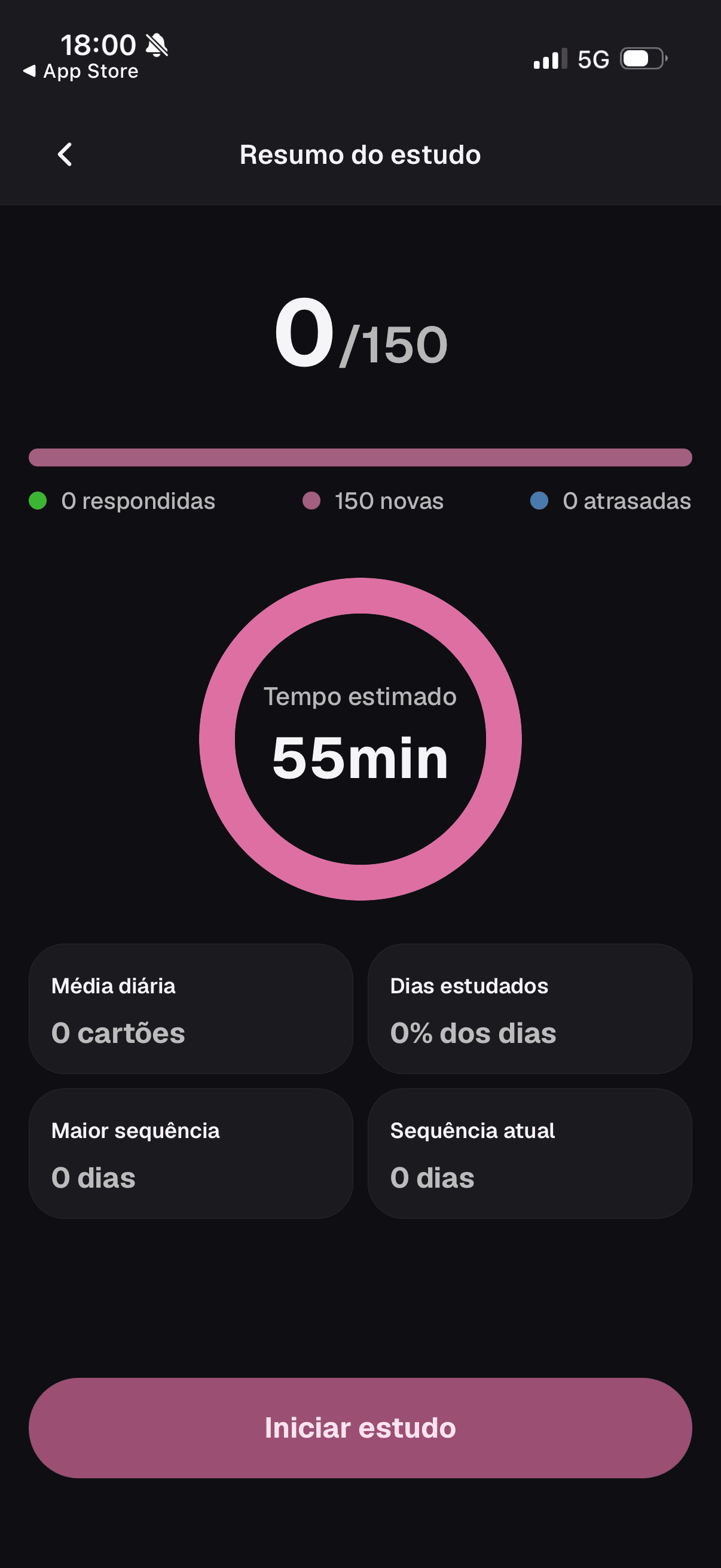 Resumo de uma sessão de estudo com quantidade de cartas e tempo estimado antes de iniciar.