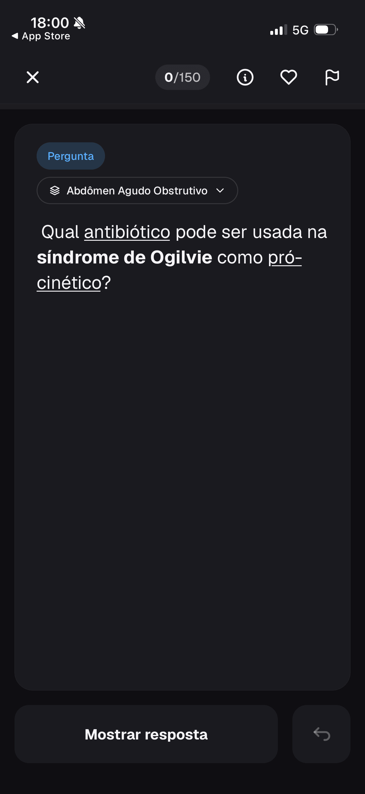 Flashcard com pergunta, identificação do tema e botão Mostrar resposta.