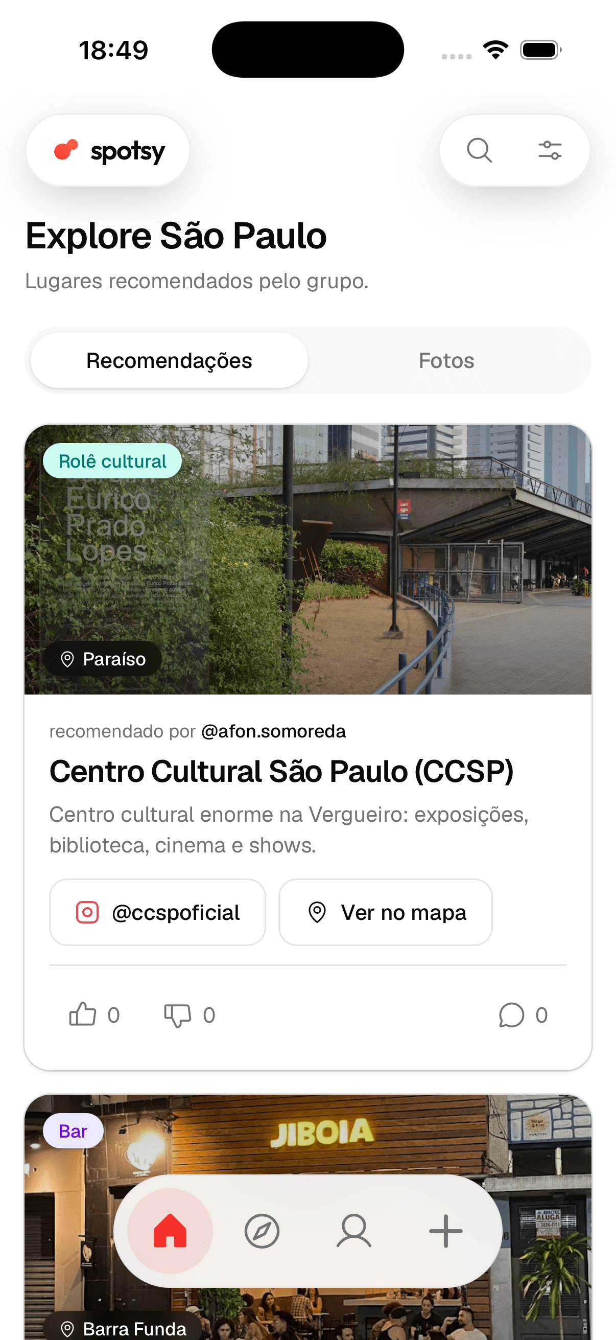 Spotsy feed with the Centro Cultural São Paulo card: photo, neighbourhood, recommendation author and reactions.