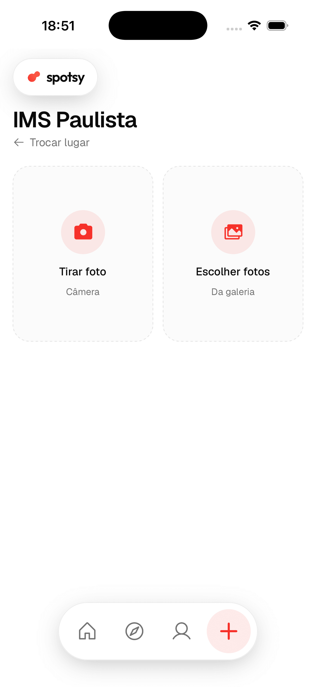IMS Paulista screen with options to take a photo with the camera or choose photos from the gallery.