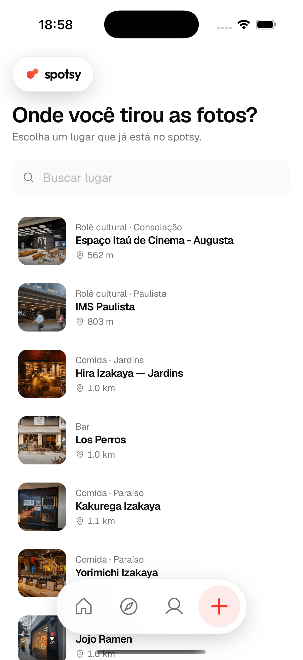 "Where did you take the photos?" screen with the list of Spotsy places sorted by the distance of the person using it.