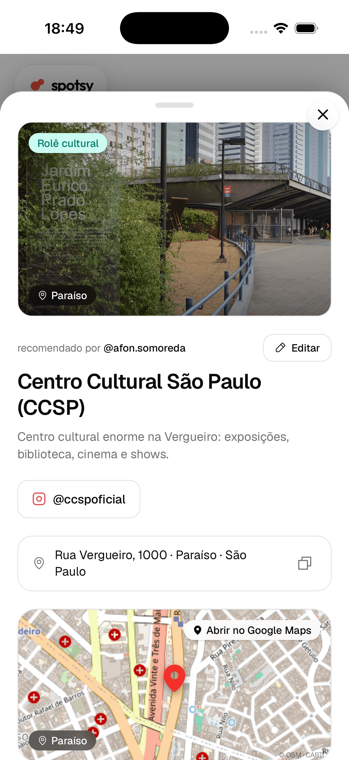 Centro Cultural São Paulo page with photo, Instagram, the Rua Vergueiro address and map.
