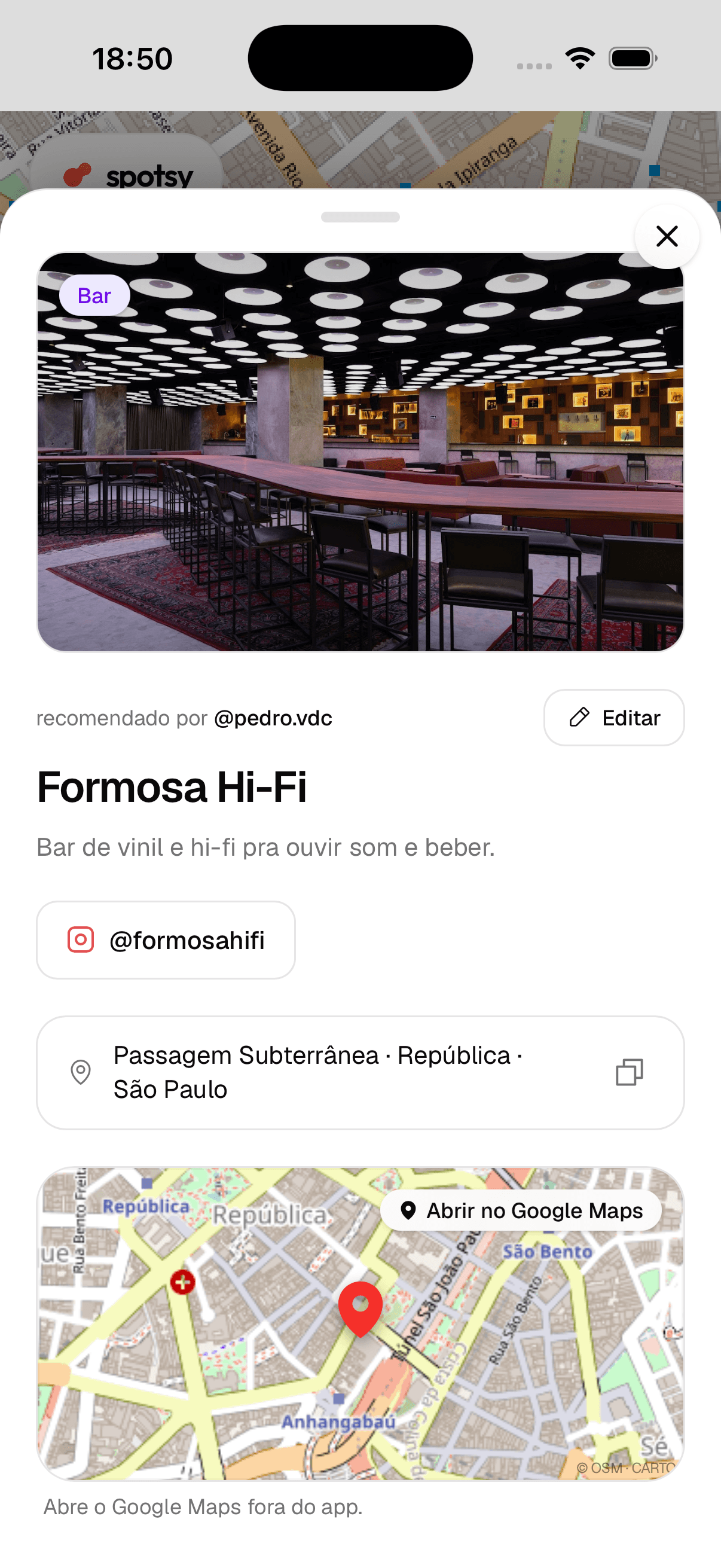 Formosa Hi-Fi page, a vinyl bar in República, with the description and a map of the area.