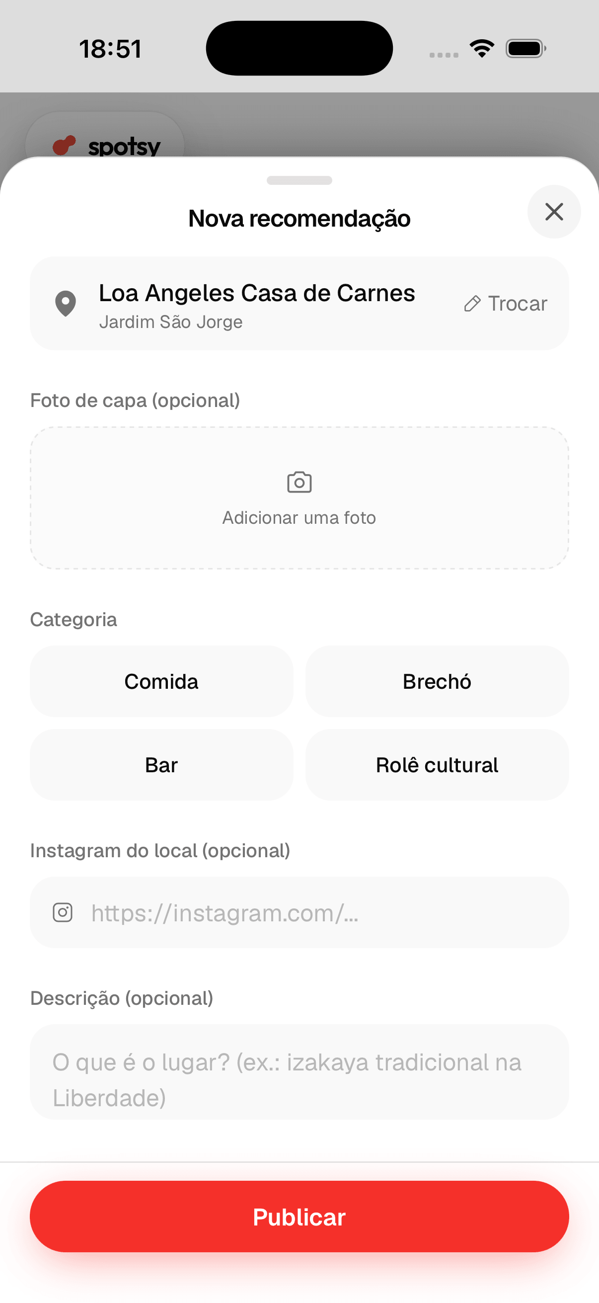 New recommendation form with the place already filled in, category choice, Instagram field and description.