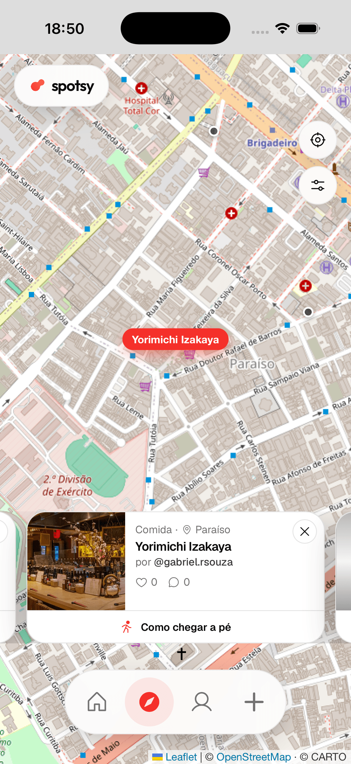 Yorimichi Izakaya pill selected in red, with a card showing the bar's photo and the walking shortcut.