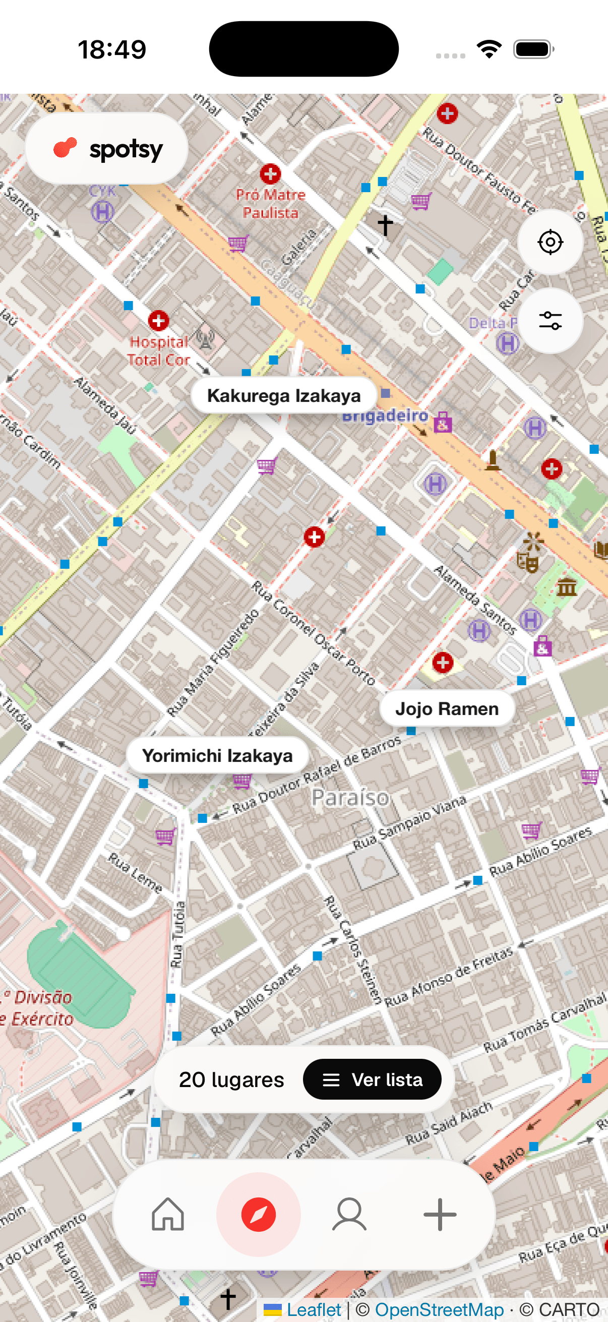Full-screen map with pills naming Kakurega Izakaya, Yorimichi Izakaya and Jojo Ramen around Paraíso.